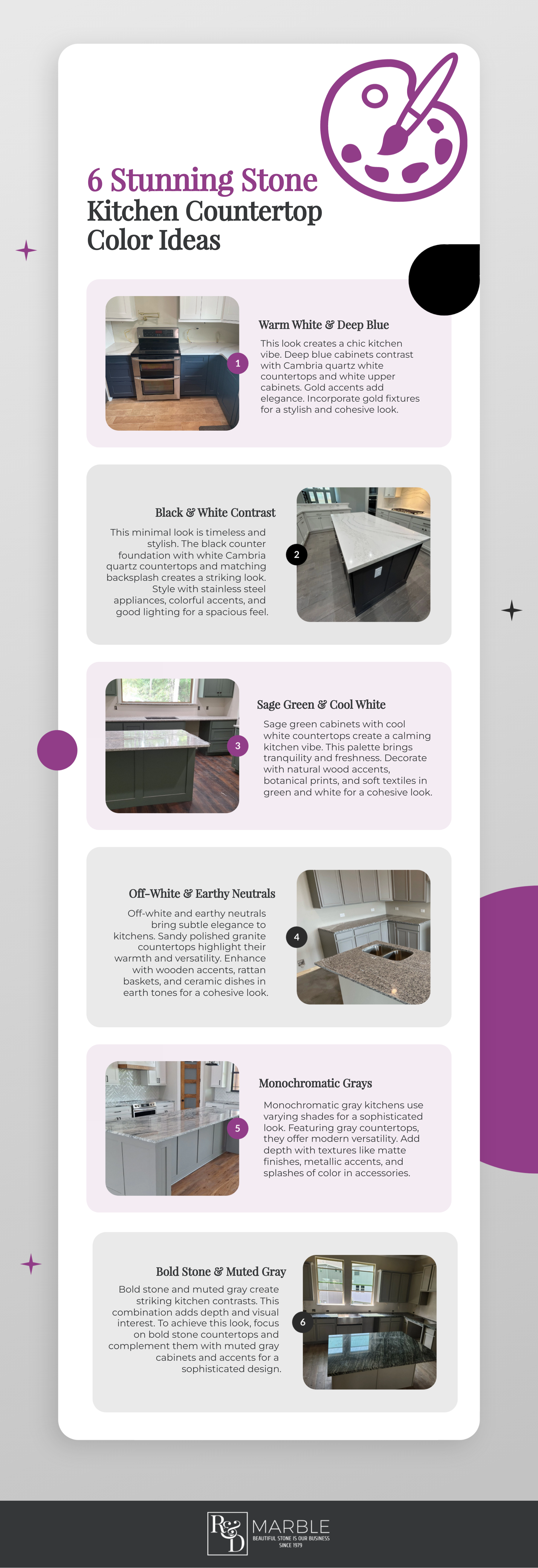 6 Stunning Stone Kitchen Countertop Color Ideas Infographic by R&D Marble