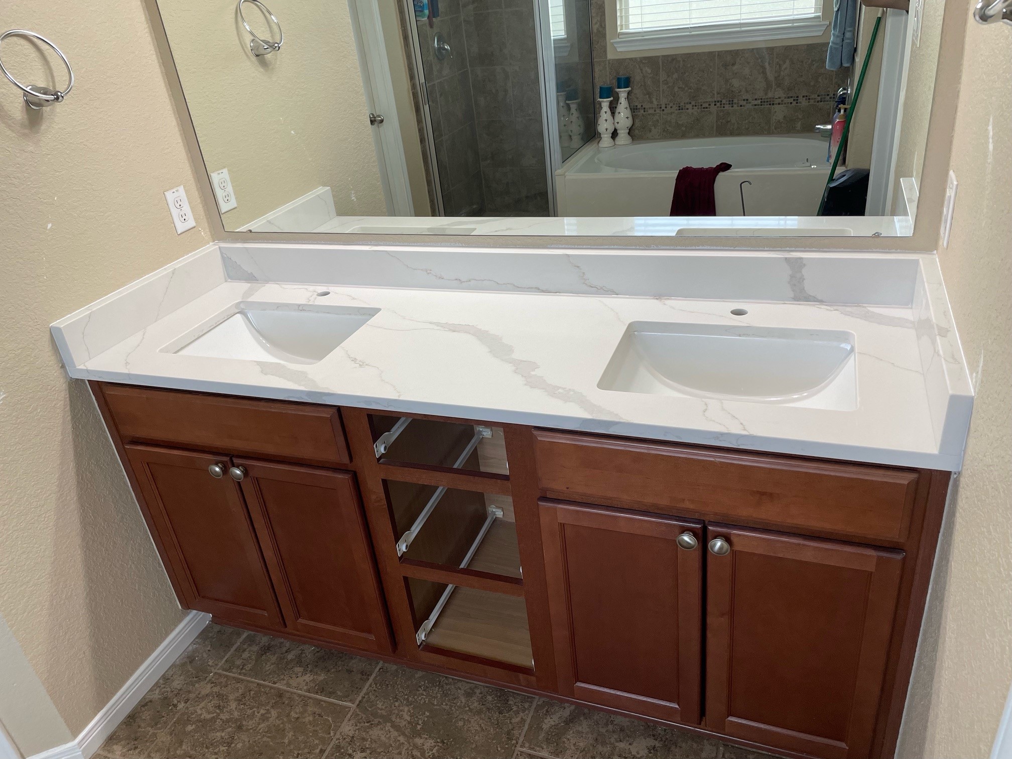 Quartz Countertops: Pros and Cons for Willis, TX Homes R&D double sink bathroom vanity with white quartz countertops