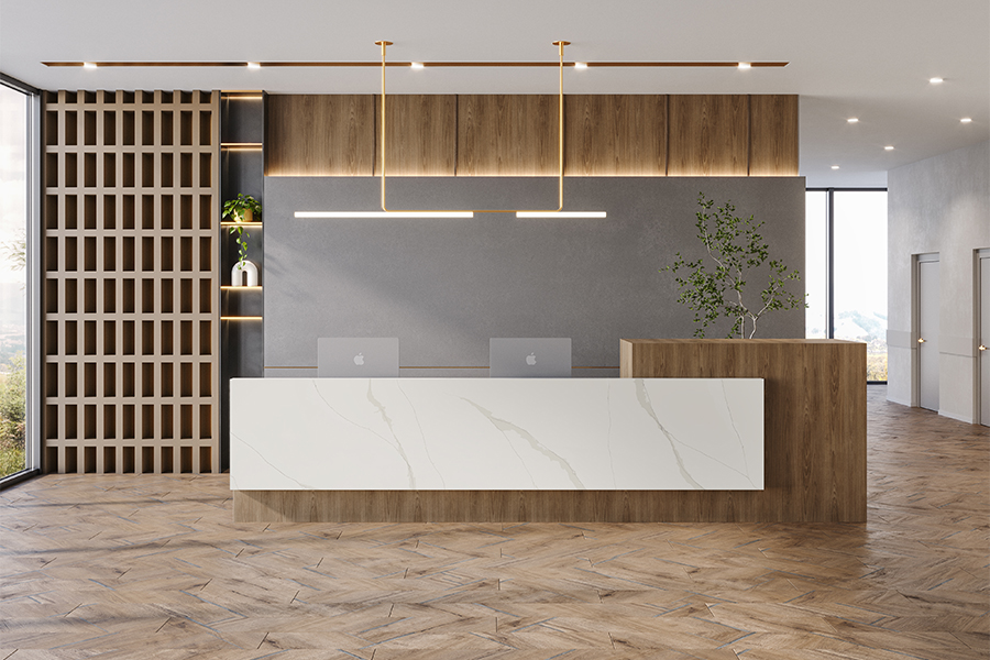 Calacatta Oro and Sonoro-Reception Desk_7961 Urban Sahara-OA 1 | R&D Marble, Inc. Calacatta Oro and Sonoro Reception Desk
