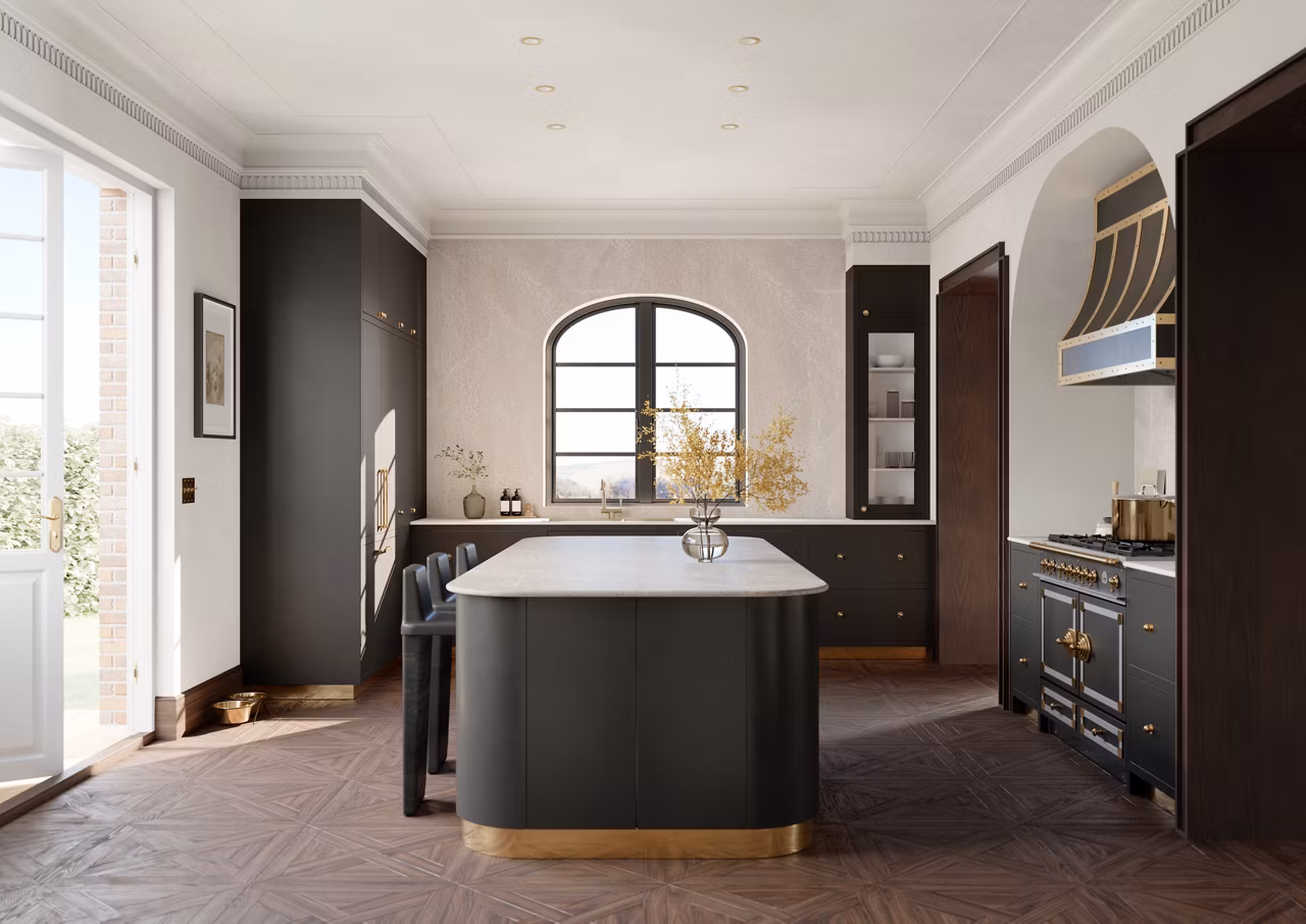 Modern dark colored kitchen with Cambria's Brighton quartz countertops and island.