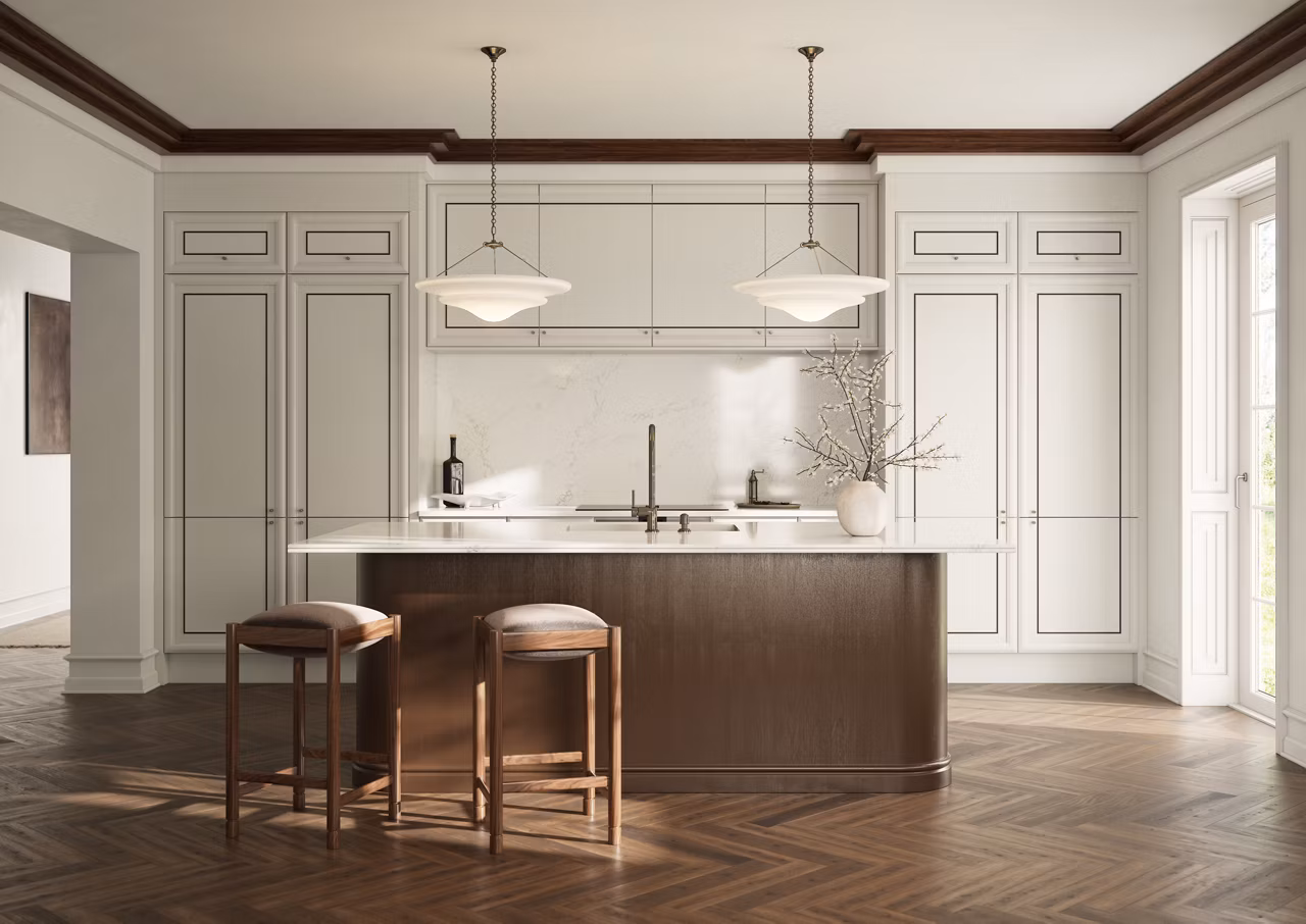 White modern kitchen with Cambria quartz backsplash in Colton
