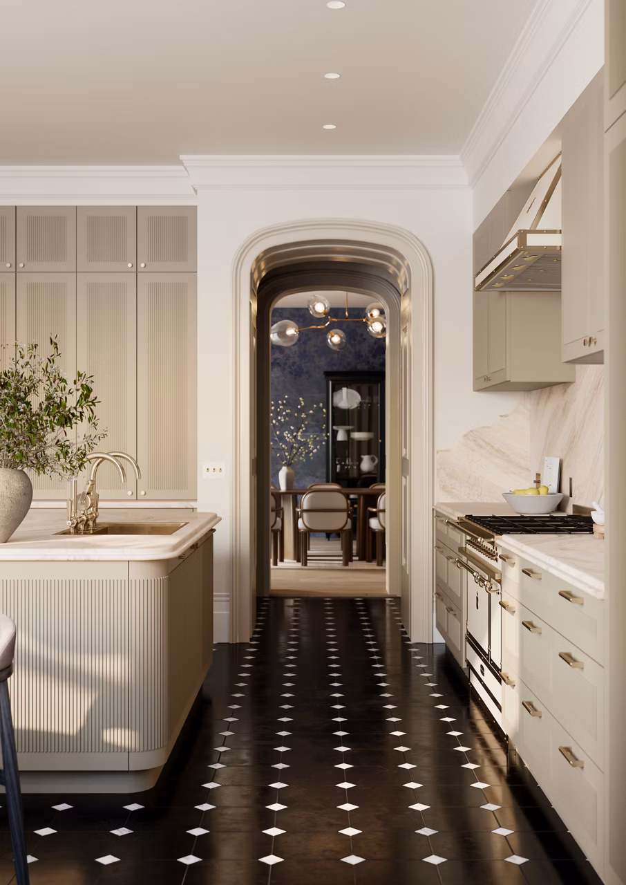 A modern neutral colored kitchen with Cambria quartz counterops in Everleigh warm.