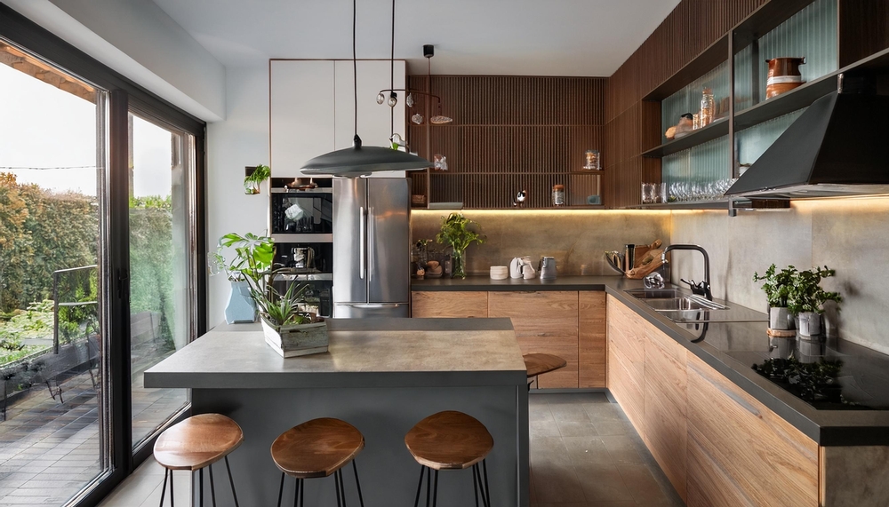 Kitchen: Where Function Meets Flair | R&D Marble, Inc. Stylish home kitchen interior with bar island and sink, fridge and kitchenware.