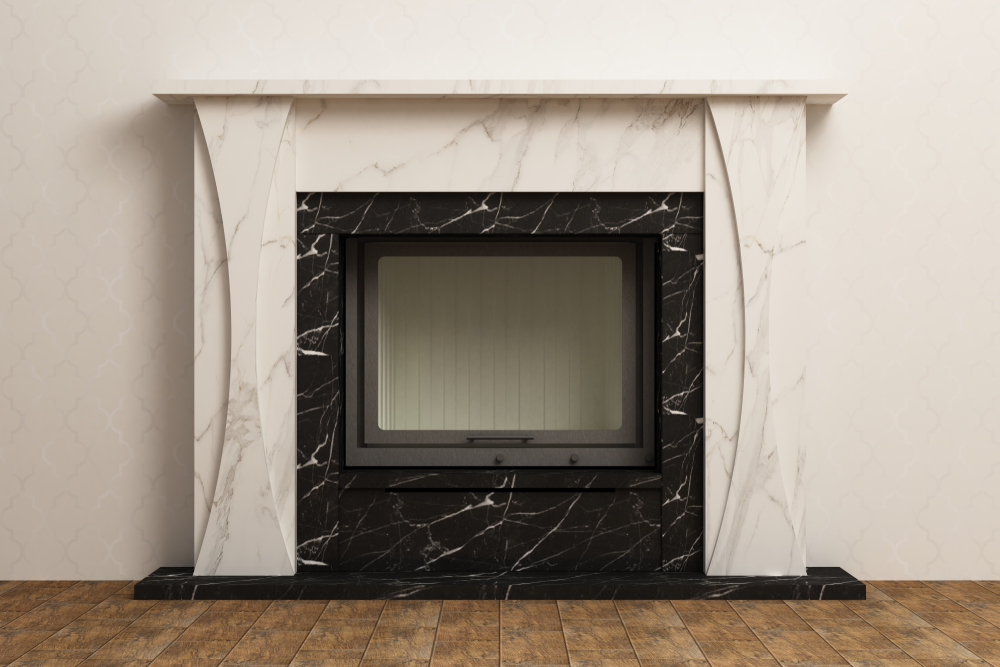 Other Living Spaces: Add Depth with Statement Surfaces | R&D Marble, Inc. Stylish black and white fireplace in the interior.