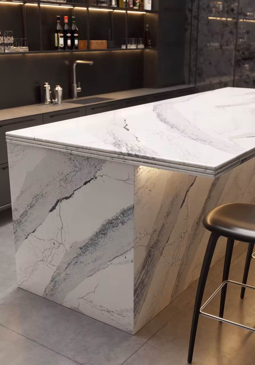 Cambria's windsor steel satin ridge closeup on kitchen island bar.