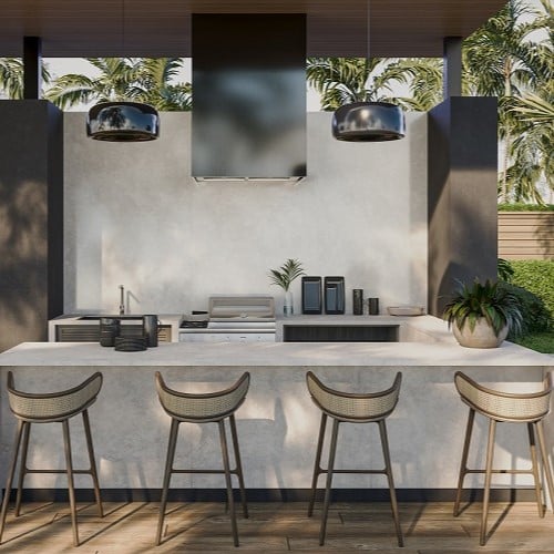 Teracanto - Dune Classica | R&D Marble, Inc. A luxury outdoor kitchen with a porcelain island in the Teracanto Dune Classica by LX Hausys