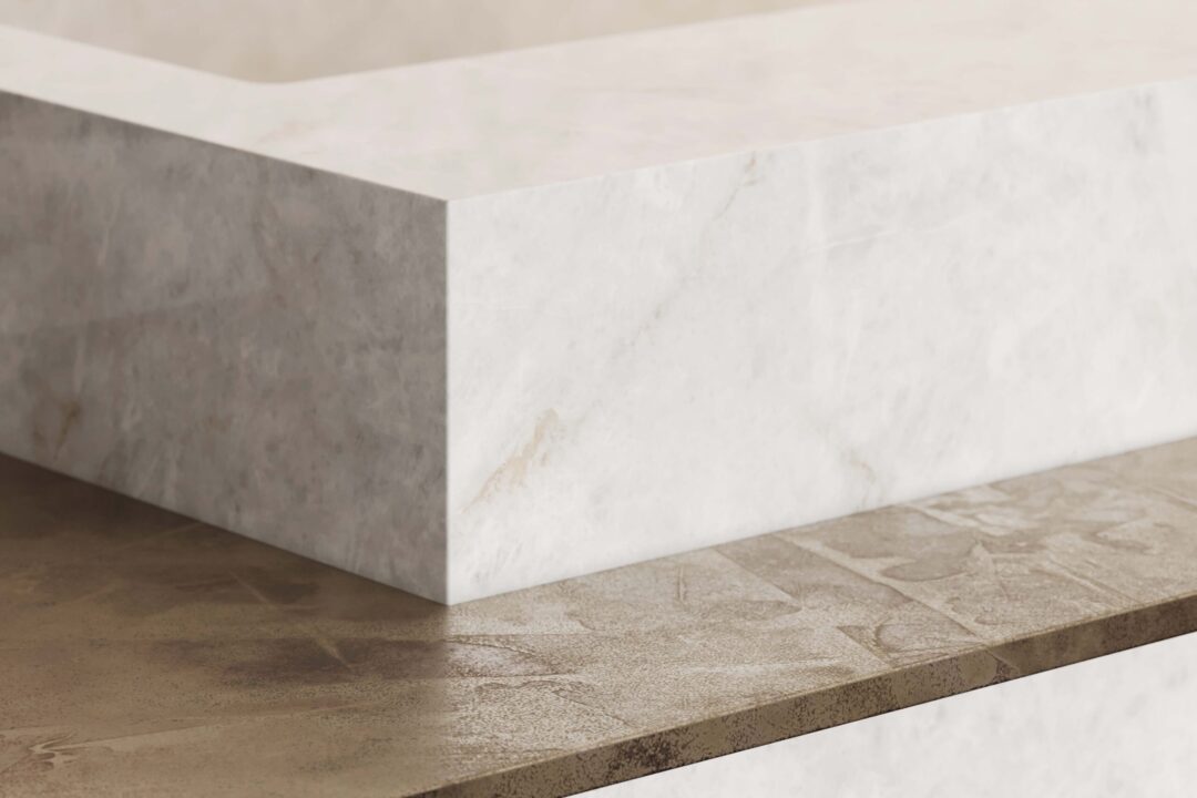 TERACANTO - Cristallo | R&D Marble, Inc. Rendered image of a hospitality reception desk made with Teracanto porcelain in the shade Cristallo.