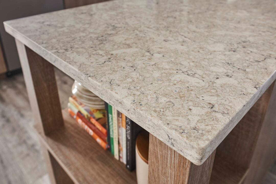 Visual Style and Design Appeal | R&D Marble, Inc. Close up of an eased edge quartz countertop in a neutral colored kitchen.
