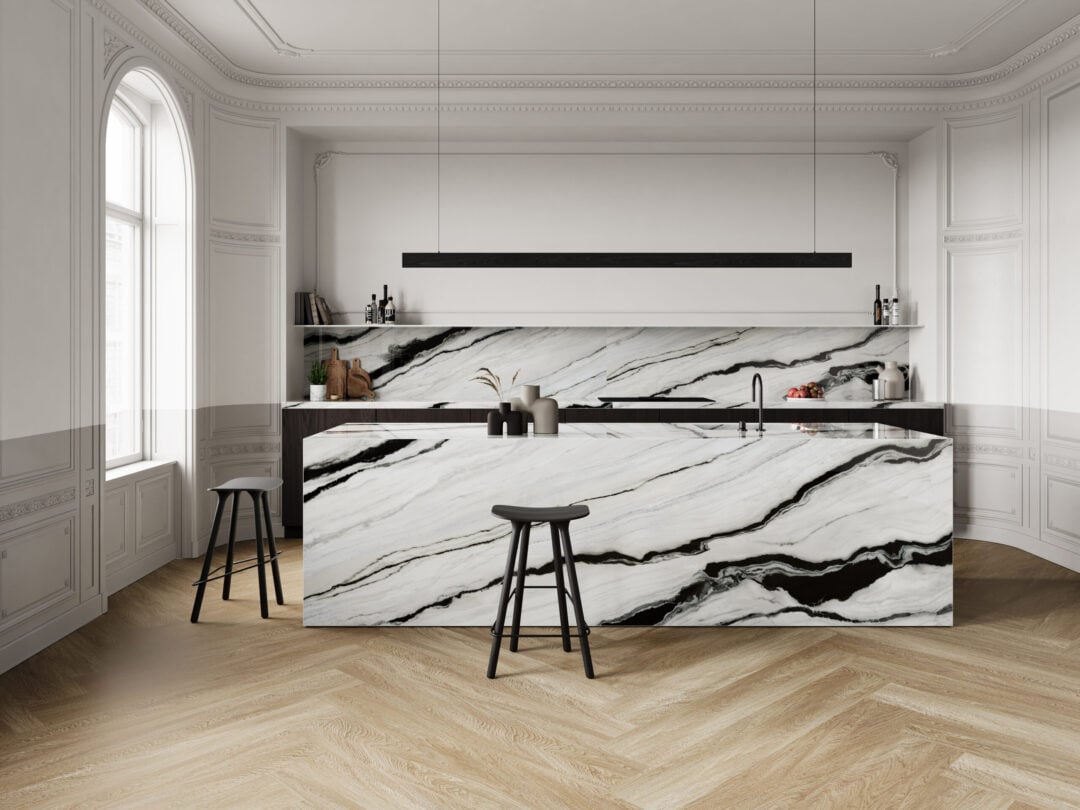 | R&D Marble, Inc. Luxury kitchen with a black and white porcelain island and matching countertop backsplash.