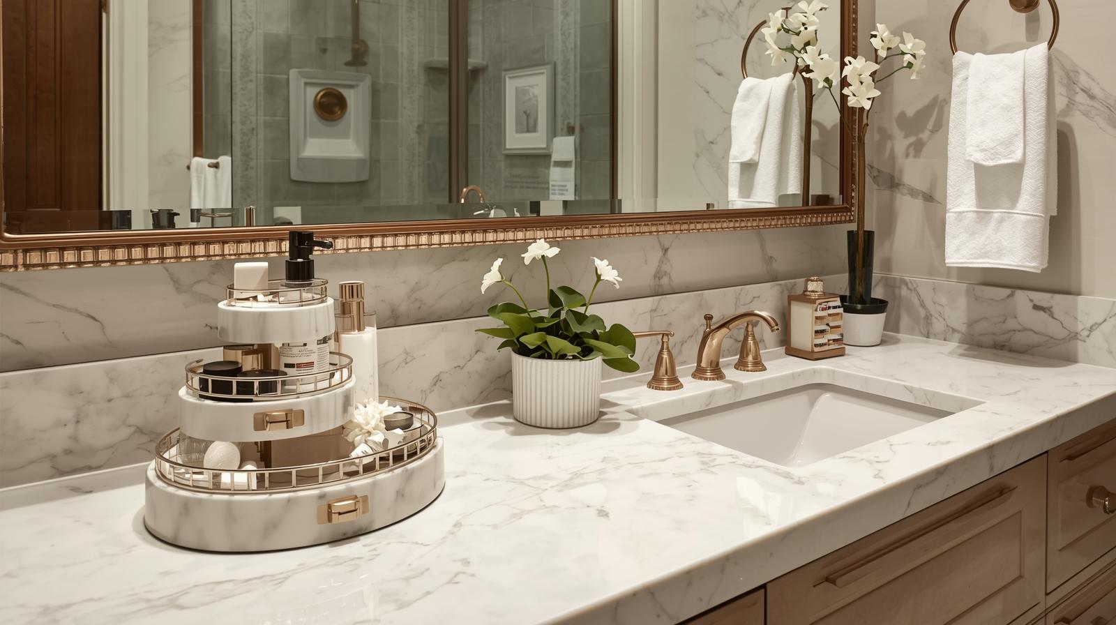 | R&D Marble, Inc. A luxurious bathroom counter crafted from polished white quartz or elegant porcelain, featuring multi-level organizers designed for enhanced storage and visual appeal. These tiered organizers are artfully arranged on the counter's surface, acting as decorative elements that complement the sophisticated ambiance.