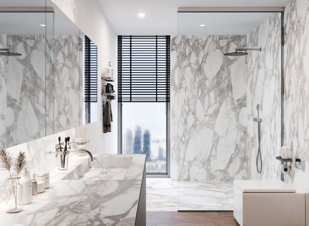 Large Panel Wall Benefits for a Hygienic Bathroom Rendered image of a high end residential bathroom with porcelain large panel walls in the shower, floor, and on the vanity sink.
