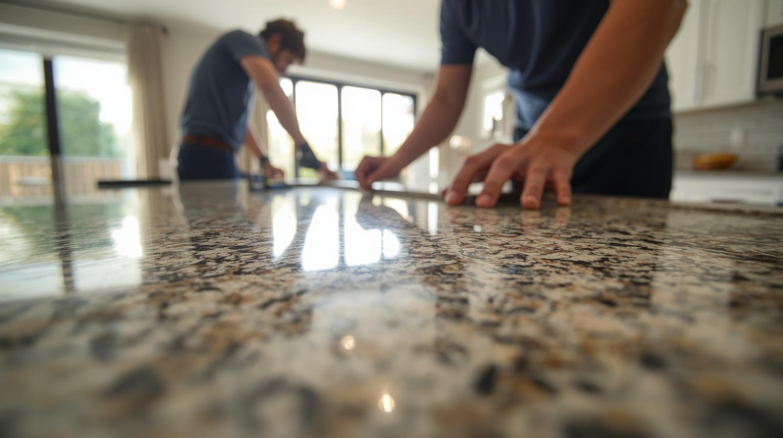 | R&D Marble, Inc. A close-up, eye-level shot focusing on the skilled hands of installers carefully fitting a new granite countertop into a modern, sunlit residential kitchen. The image highlights the smooth, polished surface of the stone and the precise workmanship, with a shallow depth of field blurring the background to emphasize the installation process. The color palette is warm and earthy, with subtle hints of natural light reflecting off the countertop. The style is realistic photography, capturing the textures of the stone and the tools used.