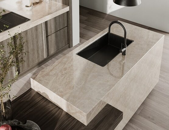 Taj Mahal – Teracanto Porcelain by LX Hausys A beautiful clean porcelain countertop modern kitchen island with Teracanto by LX Hausys in the style Taj Mahal