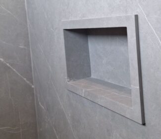Custom mitered recessed soapbox with Porcelain provided by LX Hausys America | R&D Marble, Inc. Custom mitered recessed soapbox with Porcelain provided by LX Hausys America