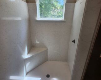 Vicostone USA Valley White quartz shower walls fabricated and installed by R&D Marble, Inc. | R&D Marble, Inc. Vicostone USA Valley White quartz shower walls fabricated and installed by R&D Marble, Inc.