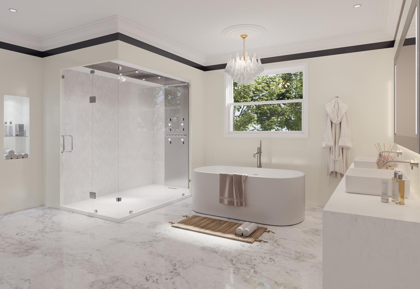 Luxurious bathroom with a glass-enclosed shower, freestanding oval tub, and marble floor; robes hang by a window and double vanity on the right.
