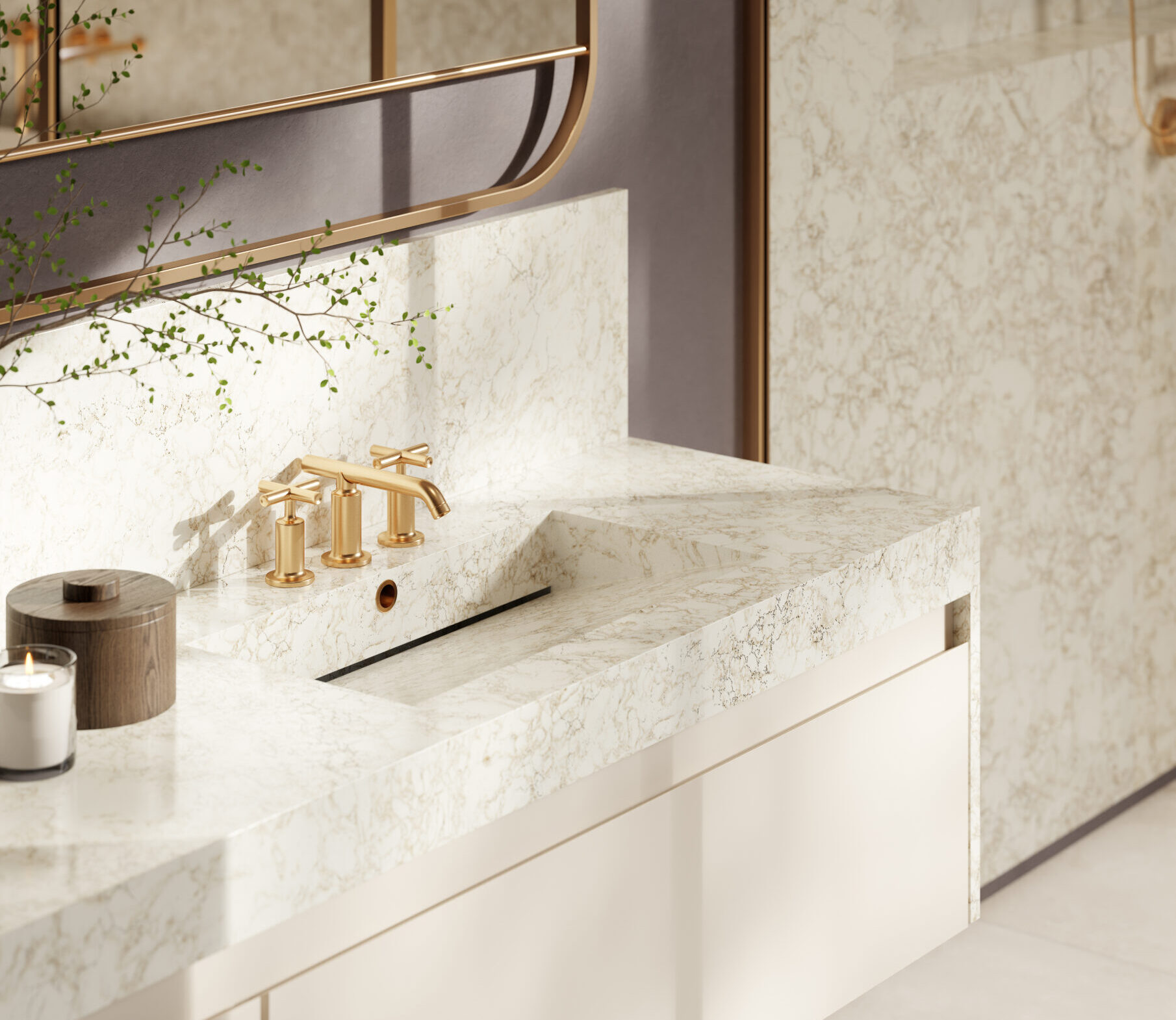 Integrated Sink Countertops: Seamless Modern Design Luxurious bathroom vanity with a marble countertop, gold faucet and handles, a large mirror, and a trailing green plant with a city skyline in the background.