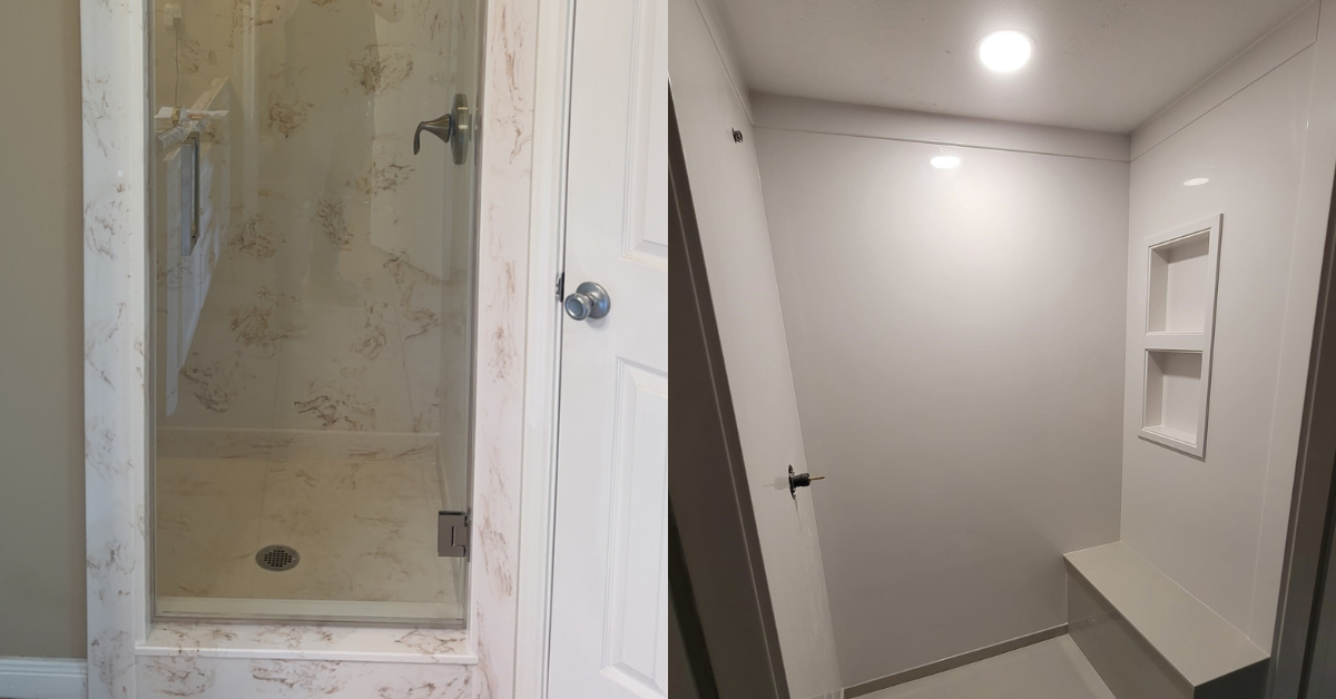 Cultured Marble vs Cultured Granite: Which Is Right for You? A side by side of a shower made of cultured marble and a shower made of cultured granite.