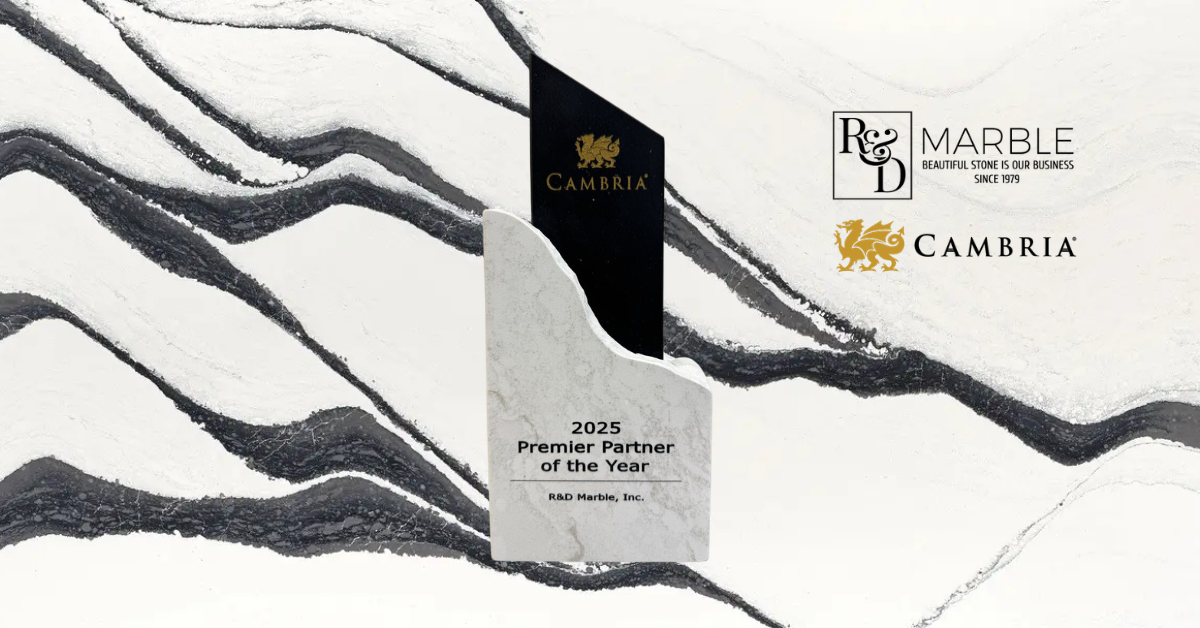 2025 Premier Partner of the Year Awarded to R&D Marble from Cambria on a black and white marble background.