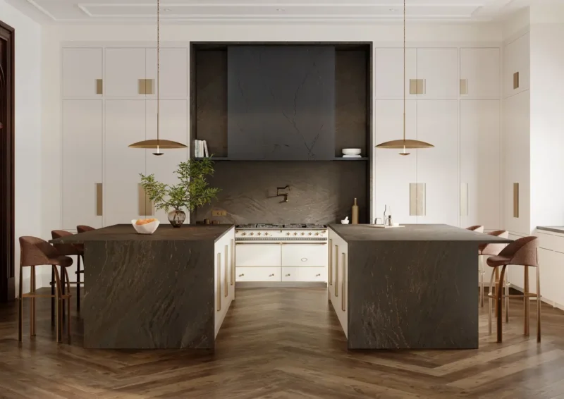 Remington Brass™ Luxury Series by Cambria | R&D Marble, Inc. Luxury kitchen with backsplash and island countertops installed with Remington Brass™ Luxury Series by Cambria