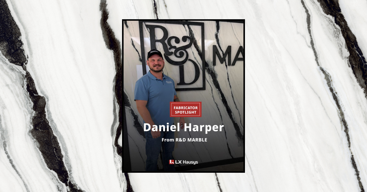 R&D Marble Featured in LX Hausys Fabricator Spotlight Portrait of Daniel Harper standing in front of a marble-patterned backdrop for a Fabricator Spotlight feature (R&D Marble).