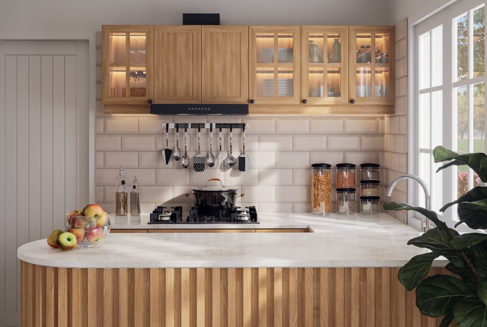 Small kitchen with wooden and empty white marble stone counter top for copy space 3d render with white window overlooking nature view