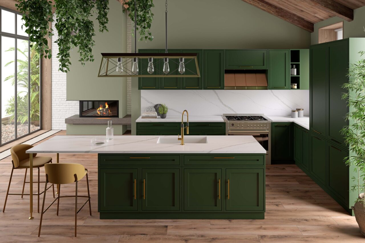 VIATERA Residential Calacatta Verde Kitchen Modern kitchen with dark green cabinetry, white marble countertops, brass hardware, and a geometric pendant light above a marble island with brass stools.