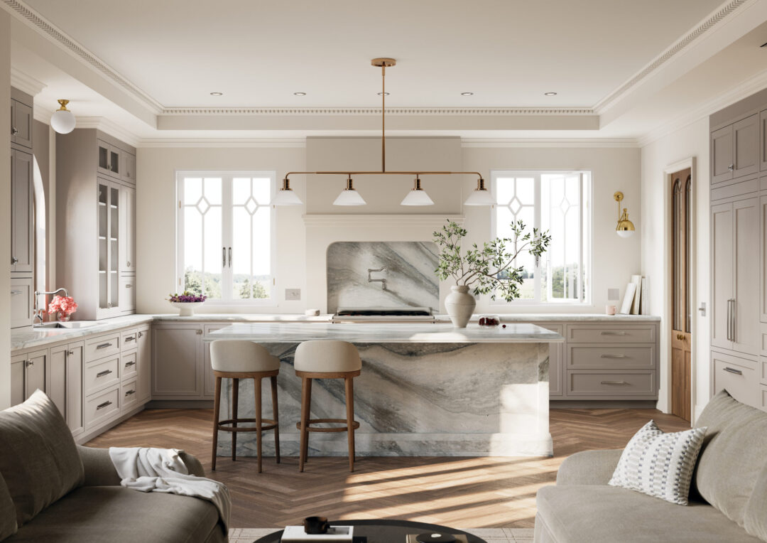 Cambria St Isley Kitchen Rendering by Carter Dodd | R&D Marble, Inc. Bright modern kitchen with a marble island, gray cabinets, and a copper three-light pendant fixture above the island.