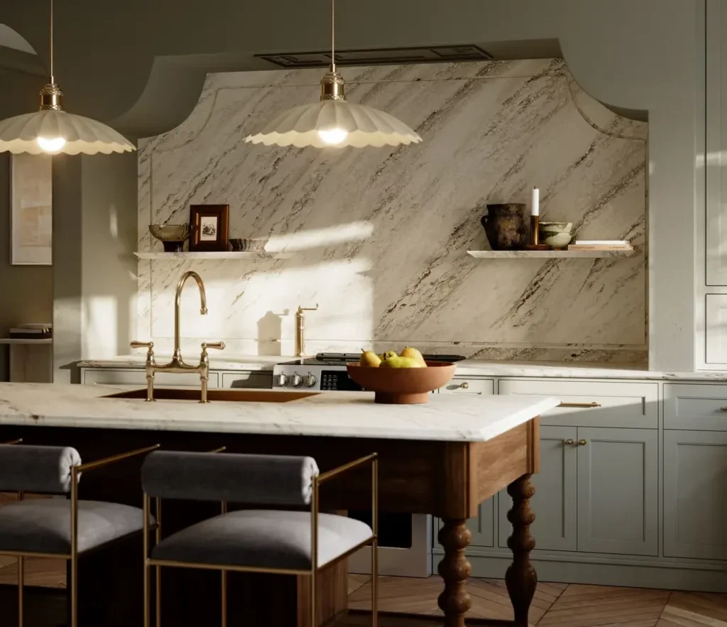 Bright kitchen with marble backsplash, brass fixtures, and a wooden island topped with a bowl of pears nearby.